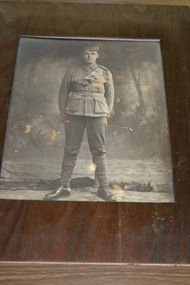 Framed timber mounted black and white photograph of WW1 Soldier 
