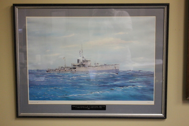 Brown timber frame containing print of ship at sea 