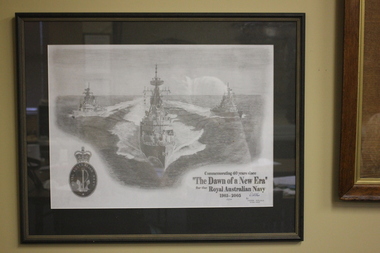 Framed poster of pencil drawing of three destroyer ships at sea