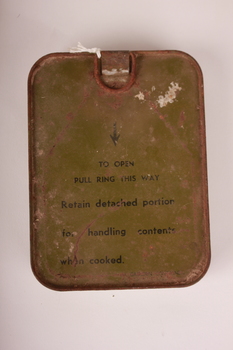 Green metal oblong container with ring pull attached