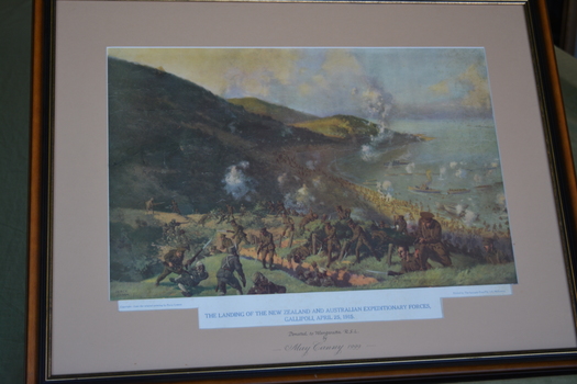 Framed print of soldiers landing on shore from ships at sea.