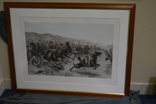 Framed print of mount soldiers in the heat of battle