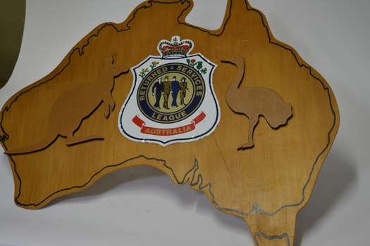 Shape of Australia handmade in timber with kangaroo and emu either side  RSL Crest sticker