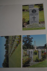 Three coloured photographs of gravestones at cemetery 