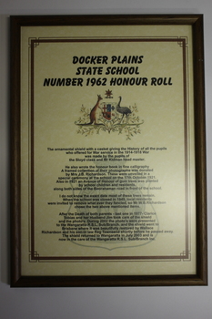 Framed article printed on RSL embossed paper detailing the provenance of donated items