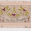 White rectangular postcard with embroidered pink, purple flowers green foliate decoration on front.