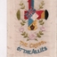 White rectangular postcard (portrait orientation) with embroidered cross representing flags and colours of different countries.  Flower and foliate decoration beneath.  