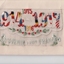 White rectangular postcard with embroidered numbers representing flags and colours of different countries.  