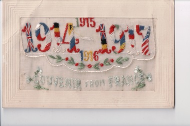 White rectangular postcard with embroidered numbers representing flags and colours of different countries.  