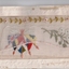 White rectangular postcard with embroidered flags, foliate and flowers.  Handwritten message on back.