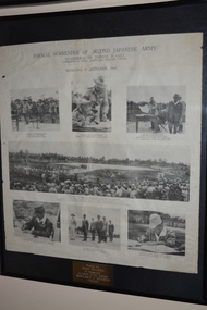 Black plastic frame containing photocopy of 7 photographs on cream coloured paper document on  black mount.