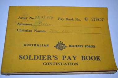 Yellow coloured cloth covered booklet with black writing and Crest in the middle of the cover.