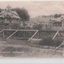 Black and white picture of two houses behind flower and vegetable garden.