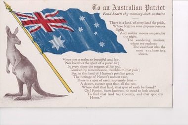 Colour postcard of a kangaroo and Australian flag next to a poem.  