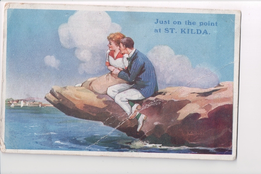 Colour postcard with drawing of a young male/female couple sitting on a rock jutting out over water.