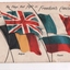 Colour postcard with drawing of the Great Britain, Russian, Belgian and French flags 