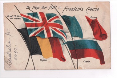 Colour postcard with drawing of the Great Britain, Russian, Belgian and French flags 