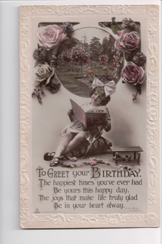 Colour postcard with image of a young girl reading a book beneath a round window adorned by pink roses and above a birthday greeting.