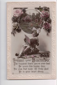 Colour postcard with image of a young girl reading a book beneath a round window adorned by pink roses and above a birthday greeting.