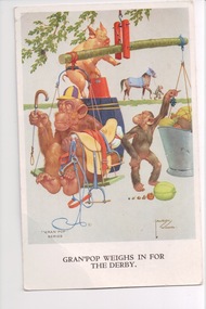 Colour postcard with a scene of two monkeys, a pig and set of scales.  One monkey is wearing a jockey's cap and carrying a saddle and whip.