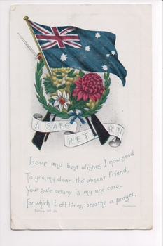 Colour postcard with an Australian flag, floral wreath, crossed rifles and printed message.  
