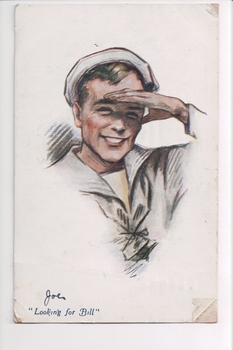 Postcard with a drawing of a uniformed sailor boy with his hand raised over his eyes, as if to shield from the sun.  White background. 