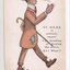 Postcard with a colour drawing of a man wearing a brown suit, holding a cane and cigarette.  