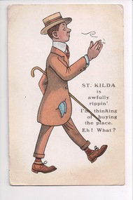 Postcard with a colour drawing of a man wearing a brown suit, holding a cane and cigarette.  