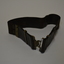 Brown leather belt with brass clip clasp and brass adjustments, brown stitching that has faded.