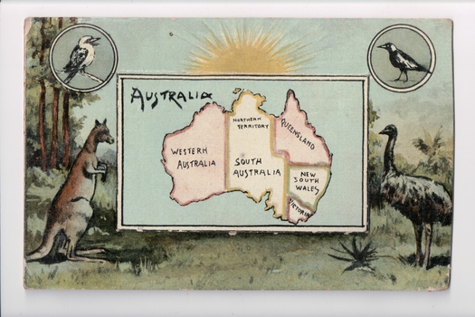Colour postcard, blue / green colour scheme.  Map of Australia in central frame surrounded by native Australian animals in a bush setting: kangaroo, emu, currawong / magpie, kookaburra.  Above them is a rising sun.  The central frame is actually a flap but whatever it may have concealed beneath is lost.