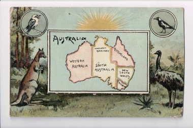 Colour postcard, blue / green colour scheme.  Map of Australia in central frame surrounded by native Australian animals in a bush setting: kangaroo, emu, currawong / magpie, kookaburra.  Above them is a rising sun.  The central frame is actually a flap but whatever it may have concealed beneath is lost.