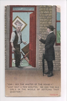 Colour postcard of two men, one wearing hat and holding umbrella at front  door of a house.