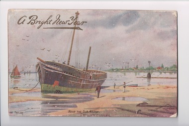 Colour postcard with a drawing of a boat with two masts, next to a beach at low tide. 