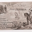 Sepia coloured postcard with a drawing of a man on horseback - probably a stockman or drover - with a dog and cattle.  A group of soldiers are drawn in the top left corner. 