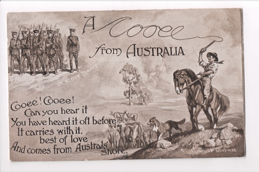 Sepia coloured postcard with a drawing of a man on horseback - probably a stockman or drover - with a dog and cattle.  A group of soldiers are drawn in the top left corner. 