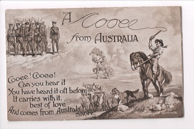 Sepia coloured postcard with a drawing of a man on horseback - probably a stockman or drover - with a dog and cattle.  A group of soldiers are drawn in the top left corner. 