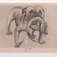 Postcard with a pencil drawing of a bulldog with a small sausage dog in its mouth. 