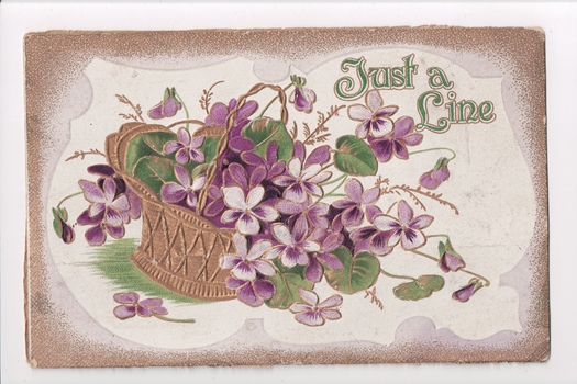 Postcard with a drawing of a gold basket full of purple flowers. Newspaper cutting adhered to the back.
