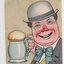 Postcard with a colour drawing of a pink-faced man wearing a bowlers hat and bowtie, holding a flagon of beer.