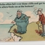 Postcard with a colour cartoon of two men standing on the side of cliff next to the ocean.  One man is dressed in a sailors uniform.  The other is wearing a suit and smoking a cigar