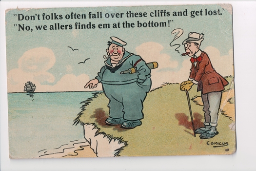 Postcard with a colour cartoon of two men standing on the side of cliff next to the ocean.  One man is dressed in a sailors uniform.  The other is wearing a suit and smoking a cigar