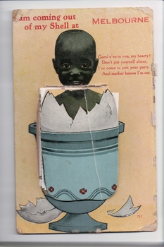 Postcard with a colour illustration of a small African child emerging from an egg.  Blue egg cup.  Yellow background with red text