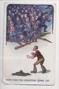 Postcard with a colour illustration of a crowd of soldiers and a lone man with sleeves rolled, apparently bracing himself for a fight.