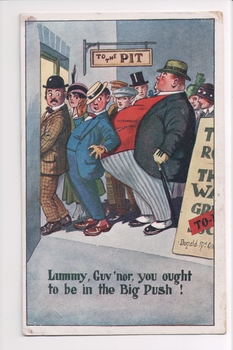 Very rotund well dressed male standing in queue outside doorway