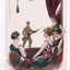 Four ladies in evening dress beneath red curtain with a soldier holding rifle in background
