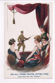 Four ladies in evening dress beneath red curtain with a soldier holding rifle in background