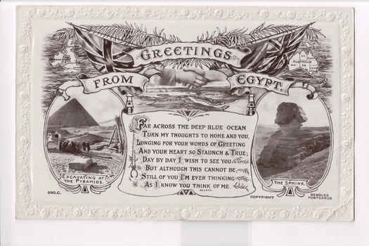 Black and white postcard with verse between two ovals containing a scene all beneath ornate scroll 