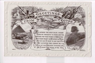 Black and white postcard with verse between two ovals containing a scene all beneath ornate scroll 