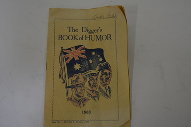 Small book of yellowing pages, with blue lettering, Australian flag and three men, army, navy and air force.  