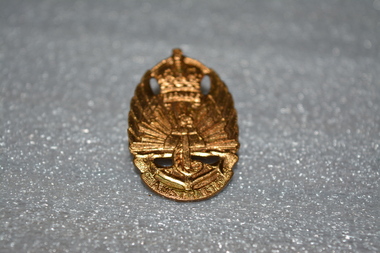 Gold badge with crown on top, rising sun in middle, an anchor at the bottom.
